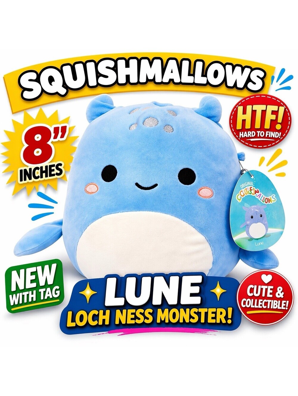 Squishmallow Lune the Loch Ness Monster Plush Stuffed Animal Toy Blue 8” NWT